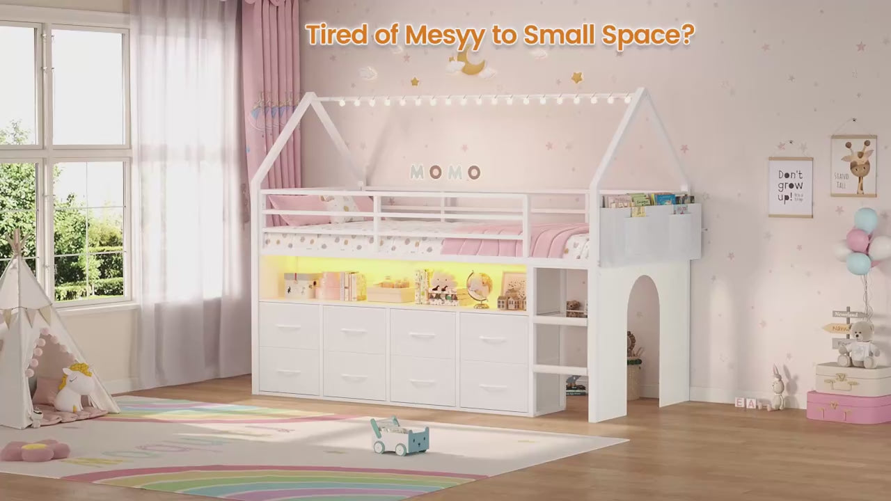 Kids' Twin Metal Low Loft Bed with Drawers and LED Lights Pink