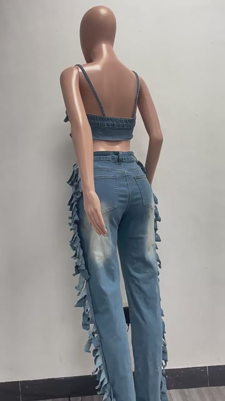 Women's Sleeveless Denim Jumpsuit Backless Tassel Strap Playsuit Blue