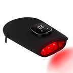 Black electronic device with red LED lights on a white background