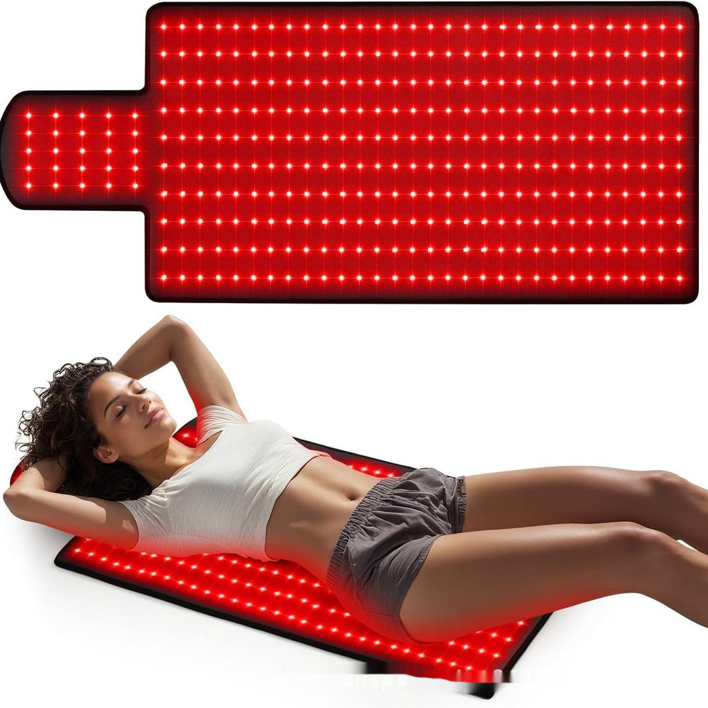 Woman lying on a red LED mat with a close-up of the mat's glowing surface.