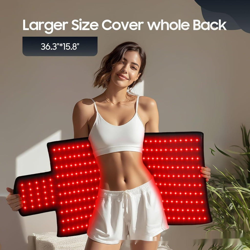 Woman holding a large LED back pad with text indicating size and benefits.