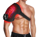 Man wearing a black shoulder brace with red light therapy on a white background