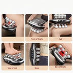 Six-panel demonstration collage showing a handheld thigh massage device used on the front, back, and sole of the thighs, as well as on the calf and waist, with labels indicating each use area.