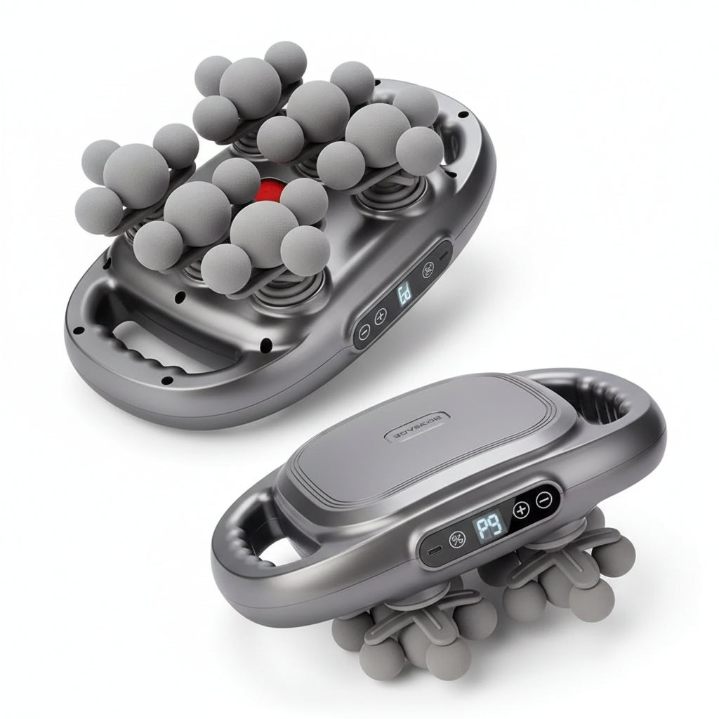A 22-head fascia gun massager shown from two angles on a white background, with blue text callouts listing features such as 60kg strong thrust, 30mm massage depth, 33450mm2 relaxation area, 2000mAh battery content, and 14400 RPM/min peak vibration.