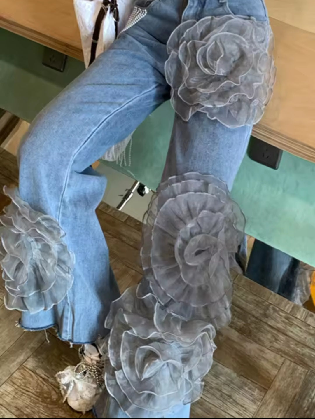 Three-dimensional Flower Decoration Denim Jeans for Women Summer