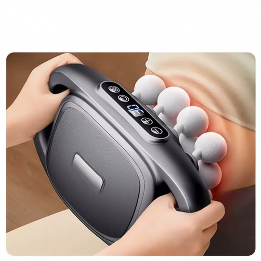 A handheld deep massage device with a dark gray body and white massage heads being used on a person's lower back. The image includes descriptive text at the top about high frequency vibration and 16-wheel massage coverage.