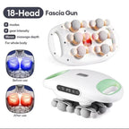 An 18-head fascia massage gun shown on a white background with feature callouts, before/after muscle massage graphics, and two views of the device: one with massage heads visible and one with the control panel visible.