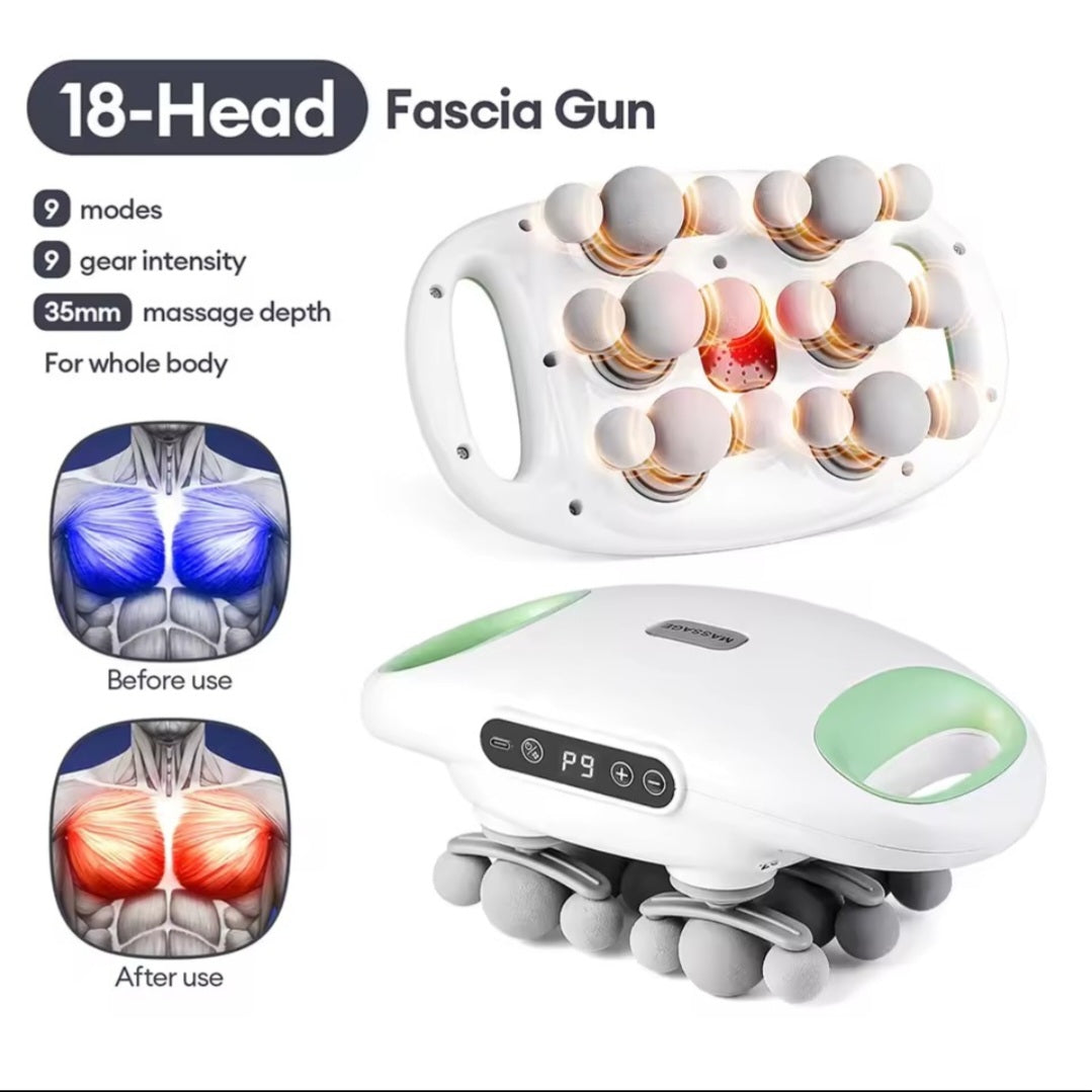 An 18-head fascia massage gun shown on a white background with feature callouts, before/after muscle massage graphics, and two views of the device: one with massage heads visible and one with the control panel visible.