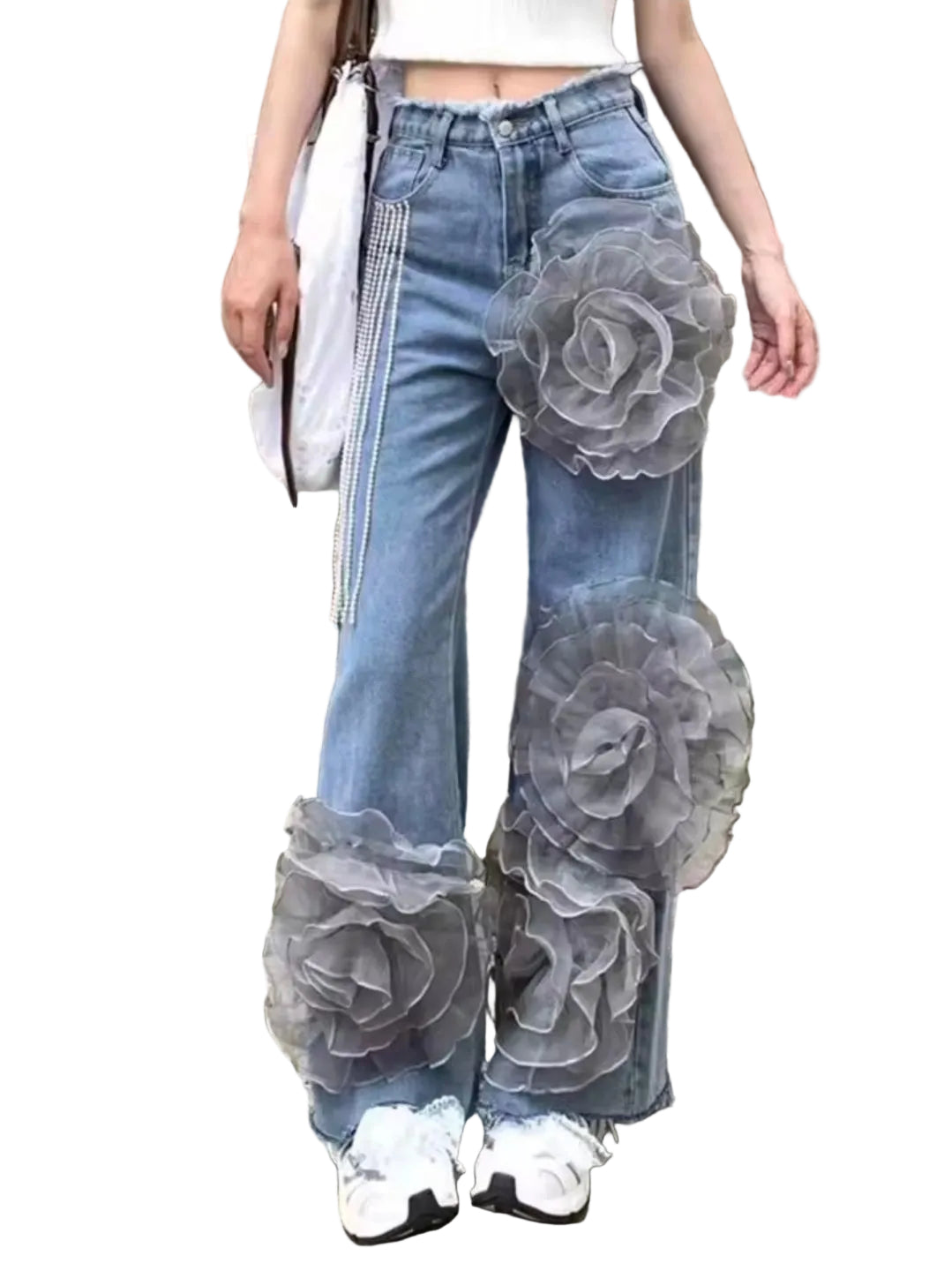 Three-dimensional Flower Decoration Denim Jeans for Women Summer