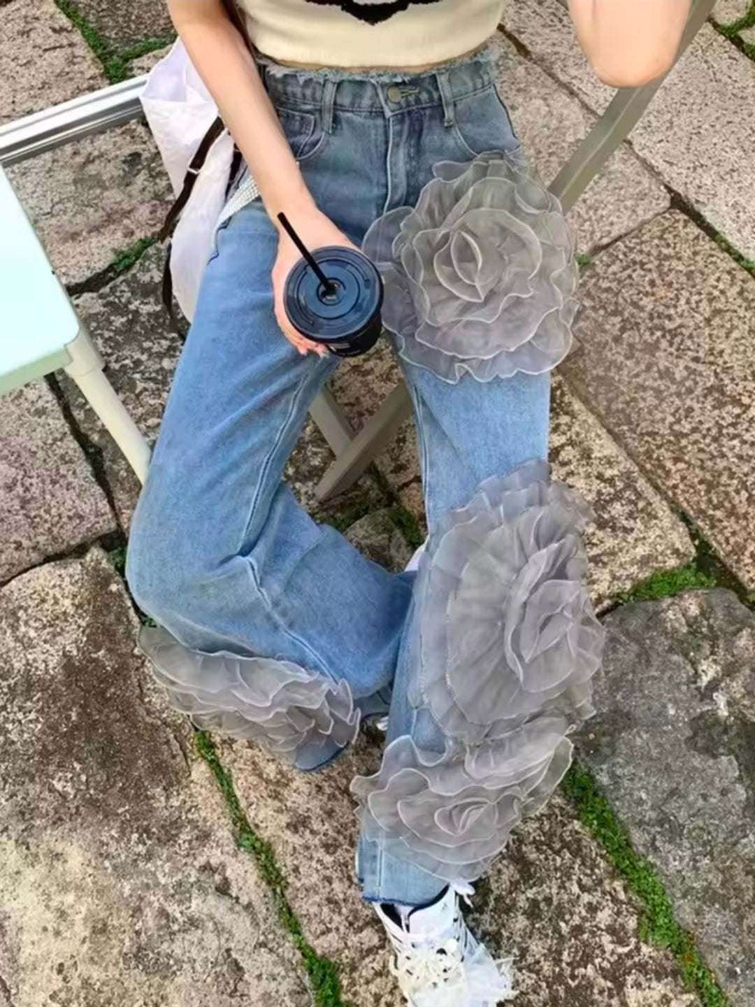 Three-dimensional Flower Decoration Denim Jeans for Women Summer
