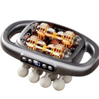 Massage gun with glowing orange massage rollers and a digital display, shown with marketing text highlighting strong power, stable output, 50kg strong thrust, 35mm massage depth, and 85000 max beat per minute.