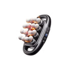 An informational product graphic for a neck and shoulder massage device. The central subject is a black curved massage gun with glowing orange and white massage heads, shown with explanatory text about three modes, 30 gear intensity, and labeled buttons.