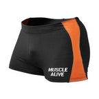 Tight Mens Gym Shorts For Bodybuilding Straight Cropped Length In Black And Orange Available In M L XL - Muliva