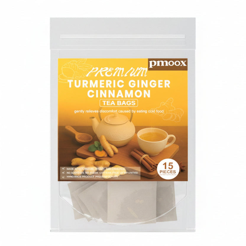 Pack of premium turmeric ginger cinnamon tea bags with a clear window on a white background