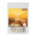Pack of premium turmeric ginger cinnamon tea bags with a clear window on a white background